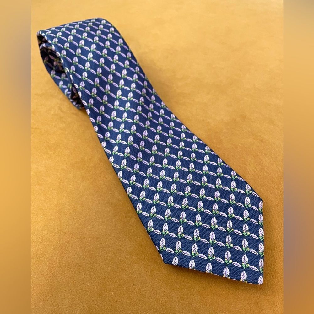 Thomas PINK Blue Silk Neck Tie Purple Leaves
